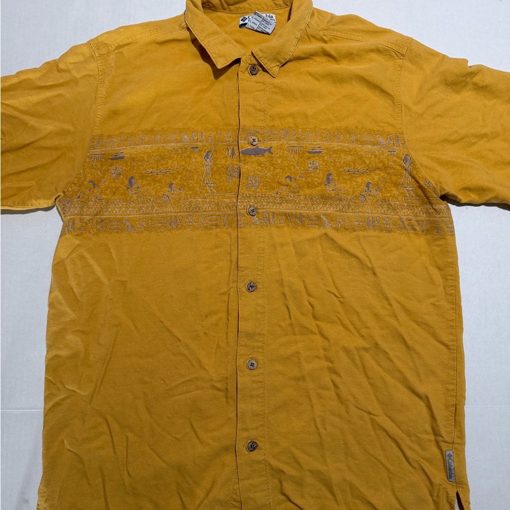 Columbia yellow button up‎ ss shirt, 'egyptian fishing', men's large
